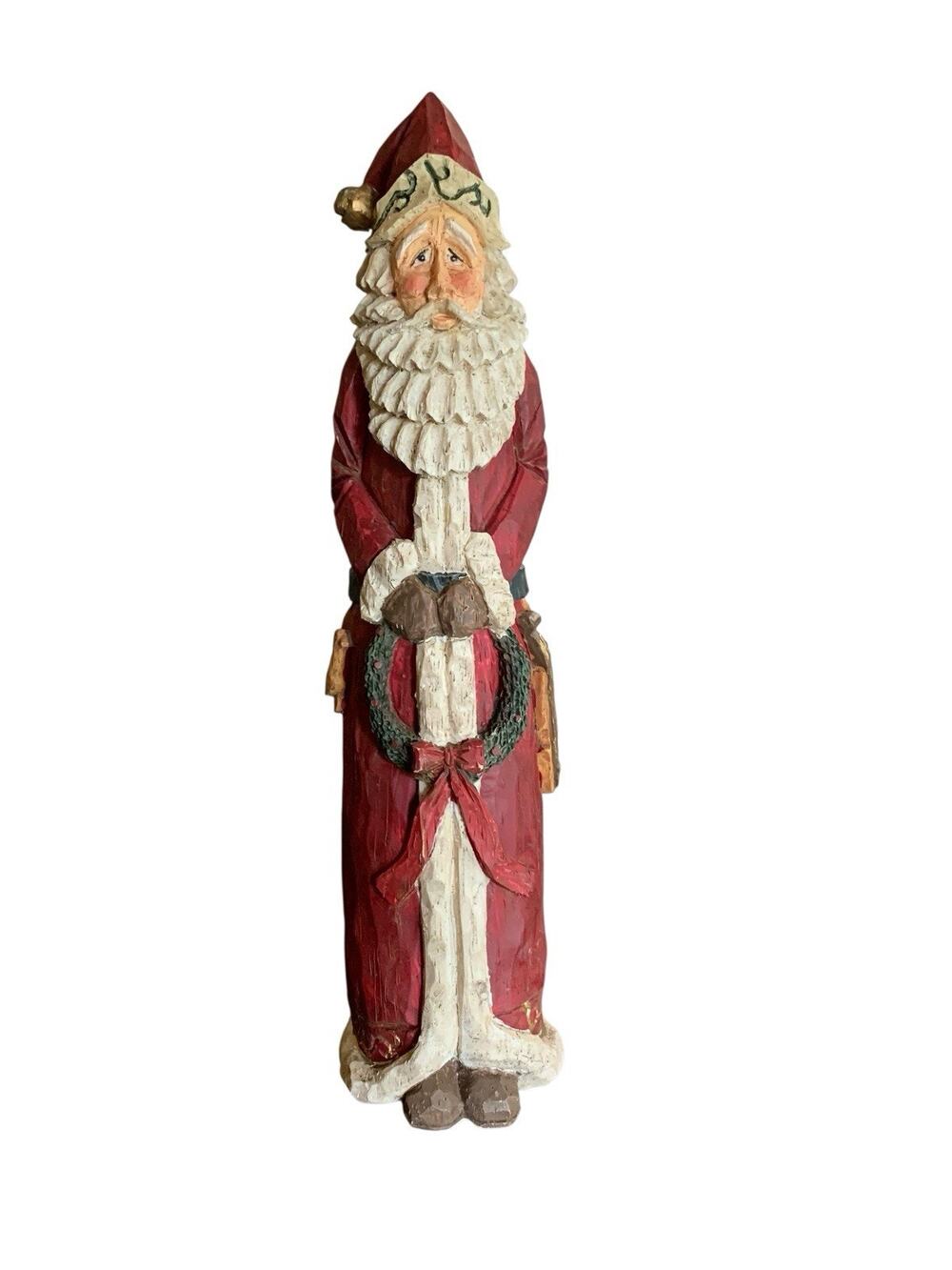 Christmas Carved Folk Art Style Primitive Wooden Santa Wreath
